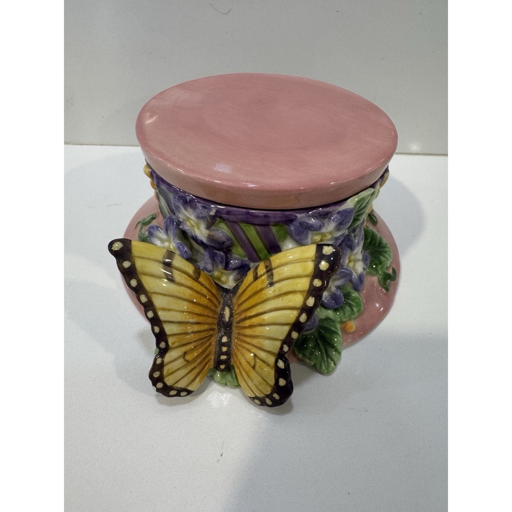 Vintage Fitz & Floyd Essentials Lidded Butterfly Trinket Box Dish Pink & Yellow